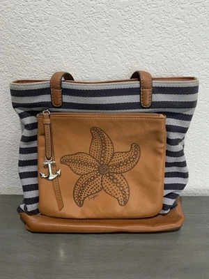 BRIGHTON NAUTICAL COASTAL STARFISH HARBOR TOTE CANVAS & LEATHER CHARMED ANCHOR - Image 1 of 4