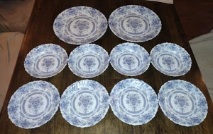 ARCOPAL HONORINE BLUE FLORAL SCALLOP RAND 10 TLG TELLER SCHÜSSEL UNTERTASSE SET FRANKREICH - Bild 1 von 18