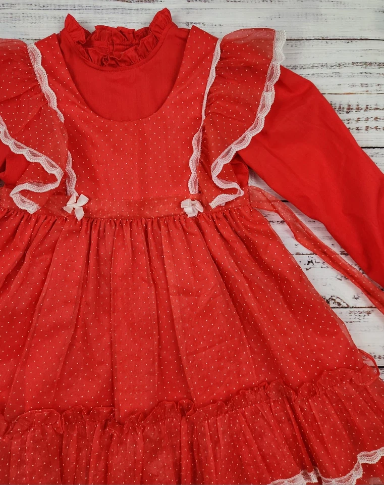Vestido Delantal Rojo Bryan Años 80 Vintage 6X - Falda con Volantes Superposición de Encaje Foto 1 de 4