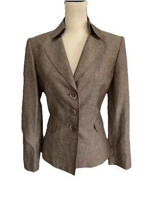 Blazer para mujer Tahari marrón tostado mezcla de lino forrado patrón brezo talla 6 Foto 1 de 4