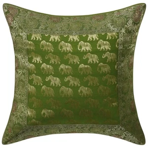 Preeti Home Green And Gold Cushion Cover Brocade Silk 16x16 Inch 40x40 cm 2 pcs - Picture 1 of 6
