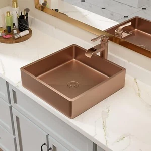 Lordear Stainless Steel Vessel Sink 15x15 Inch, Rectangular Rose Gold Bathroom - Picture 1 of 7