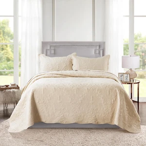 Quilt Set King Size - 3 Piece Embroidered Microfiber Bedspread Reversible Coverl - Picture 1 of 7