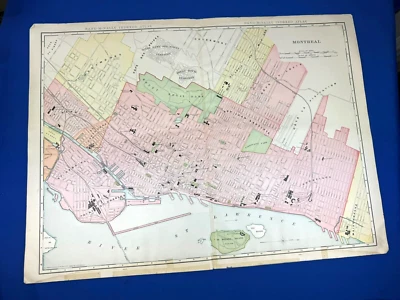 1906 Цветная карта Монреаль с TORONTO обратная сторона 28 «x 20,5» исторические точки - Изображение 1 из 4