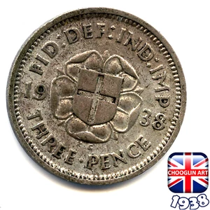 Eine britische 1938 George VI Threepence (.500) Münze, 87 Jahre alt! (Re: 49/50) - Bild 1 von 2