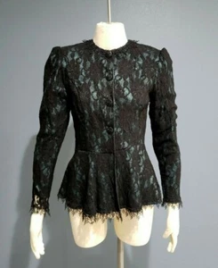 vtg Jessica McClintock victorian steampunk black lace teal buttoned top jacket 6 - Picture 1 of 9