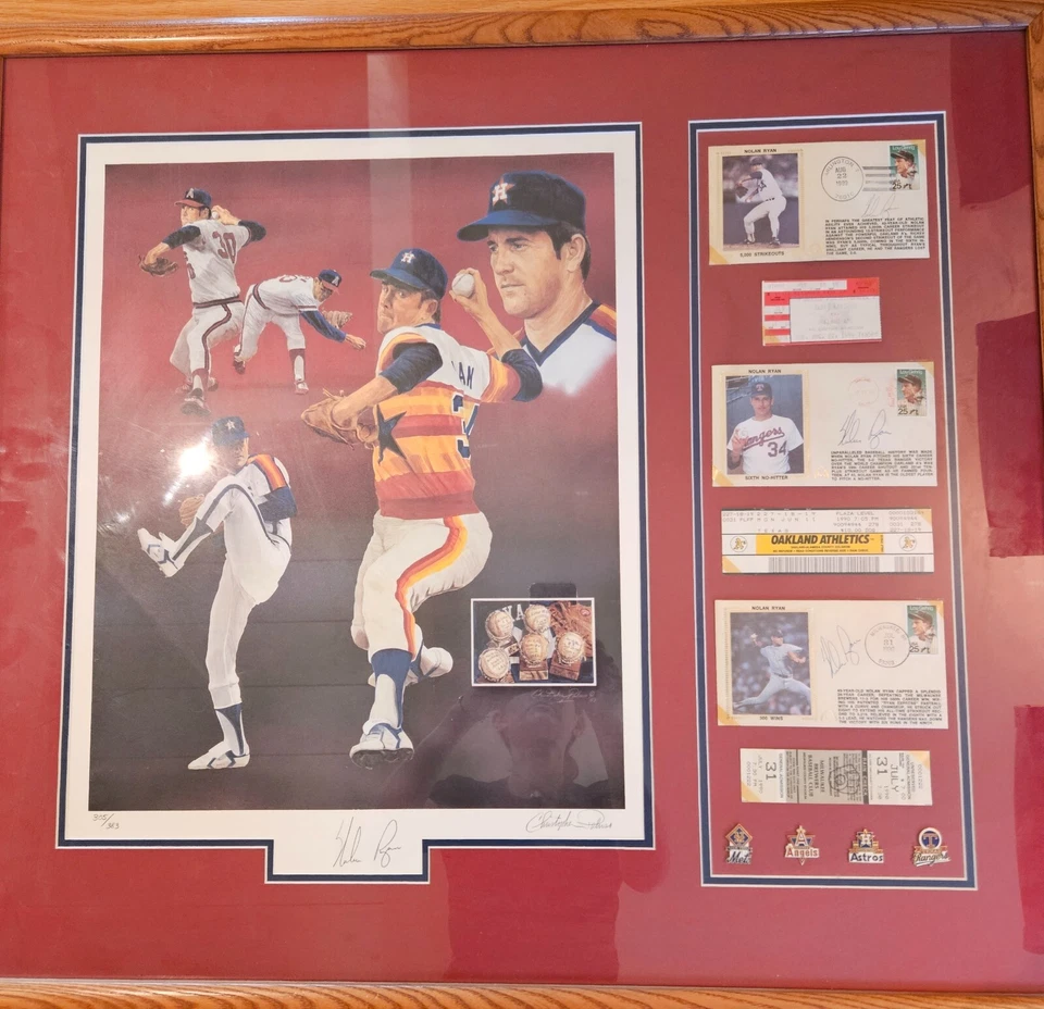 Nolan Ryan signed (4 sigs) Paluso lithograph plus signed postcards (with COA) - Image 1 of 4