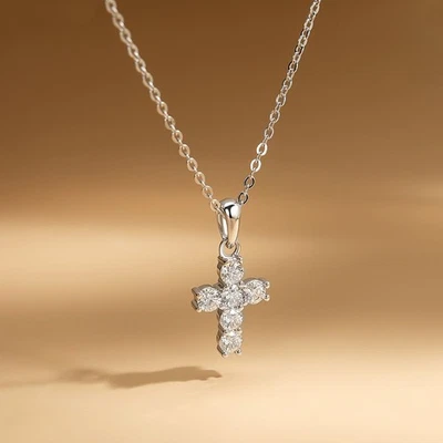 3mm Round Cut Real Moissanite Cross Pendant Women's Necklace 925 Sterling Silver - Image 1 of 4