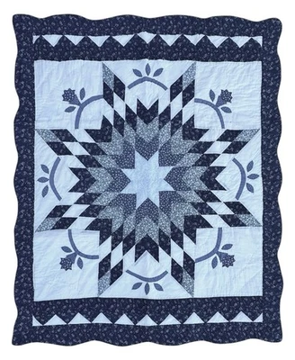 Edredón de cabina de troncos Lone Star hecho a mano azul y blanco borde festoneado manta Foto 1 de 4