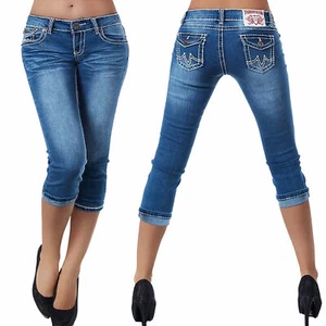 Pantalones cortos vaqueros Capri 3/4 Bemuda mujer verano pantalones elásticos cadera costura gruesa - Imagen 1 de 4
