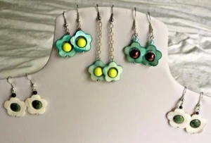 Flower Shape Shell with Central Bead Earrings on Plated Ear Hooks - Picture 1 of 17