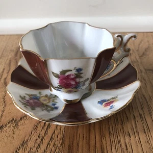 Hand Painted Mini Teacup & Saucer Shofu China Occupied Japan Brown Floral - Picture 1 of 13