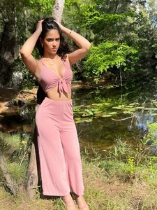 Women’s Front Tie Mauve Crop Top and Flared Pants Set Medium $22.00 - Picture 1 of 10