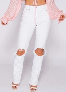 Women's High Waist Ripped Straight Leg Jeans Casual Stretch Denim Pants Trousers - Picture 1 of 11