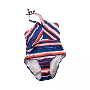 Traje de baño halter de una pieza CleanWater para mujer talla XL acuarela rayas rojo azul - Imagen 1 de 11