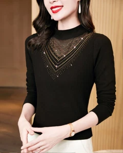 Mujeres Cuello Medio Alto Parte Inferior Camisa Moda Calce Ajustado Prendas para el torso de estrás - Imagen 1 de 11