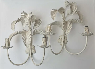 VINTAGE ITALIAN TOLE PAIR WALL SCONCES LAMP 2 LIGHTS WHITE PALM LEAVES ITALY VTG - Image 1 of 4