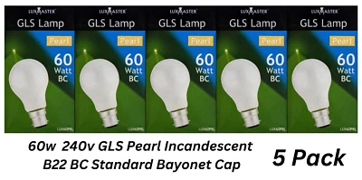 5 x 60W GLS Pearl Incandescent Light Globes Bulbs B22 BC Bayonet 240 V - image 1 of 4