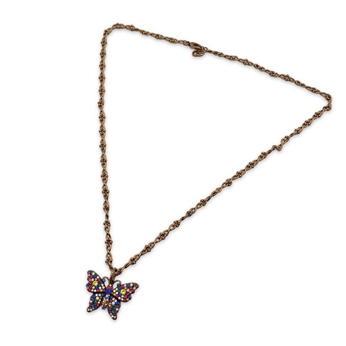Collana Gucci con farfalla in cristallo multicolore in metallo dorato invecch...