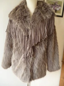 Brown/Beige Faux Fur Suede Fringe Jacket Coat Hippy Boho Rock Chick Festival - Picture 1 of 10