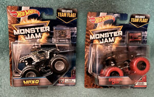 Lot Of 2 Hot Wheels Monster Jam #2 Dooms Day Red Wheels  #5 Max-D With Team Flag