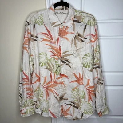Camisa Caribeña Hawaiana de Lino Para Hombre Grande Mangas Largas Abotonadas Palmeras Foto 1 de 4