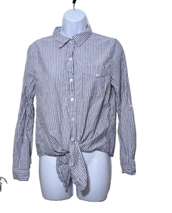 Love Notes Blouse M Button Up Tie Hem Stripe Blue Breathable Classic Long Sleeve - Picture 1 of 12