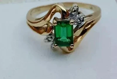 14K Yellow Gold Plated 3CT Emerald Cut Natural Emerald Vintage Engagement Ring - Image 1 of 4