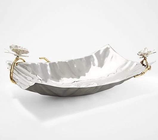 Stainless Steel Serving Bowl with Gold Butterfly Handles Decorative Table Piece - Image 1 of 3
