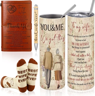Juego de 4 piezas de regalos para mi esposa diario de cuero vaso de acero inoxidable 20 oz mejor esposa Foto 1 de 4