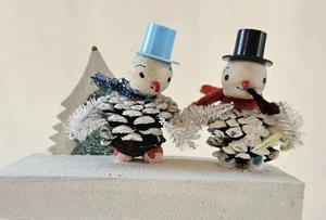 2 Vintage Snowman Christmas Pine Cone Ornaments figurine  Japan PUTZ - Picture 1 of 3