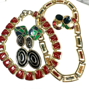 Vintage Jewelry Lot Necklace Enamel Clip On Earrings Colorful Mix 80s 90s - Picture 1 of 9