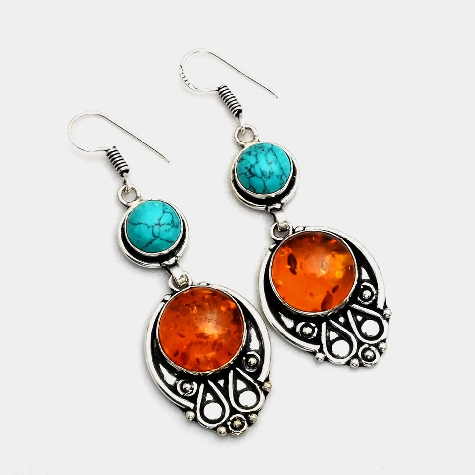 Pendientes colgantes de piedras preciosas turquesa ámbar hechos a mano joyería 1,4" AE-13696 Foto 1 de 1