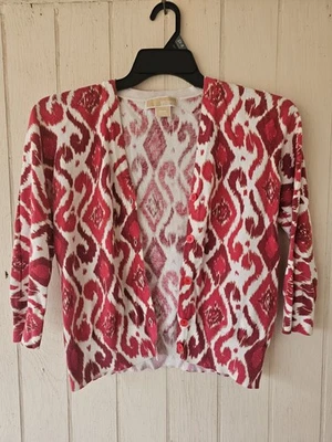 Michael Kors Cardigan 女式 M 中号粉色 Ikat 印花纽扣 V 领休闲 — 第 1/4 张图片