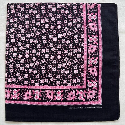 Lenço Vintage Bandana Preto Algodão Minúsculo Floral Rosa Padrão Oriental 19" - Imagem 1 de 4