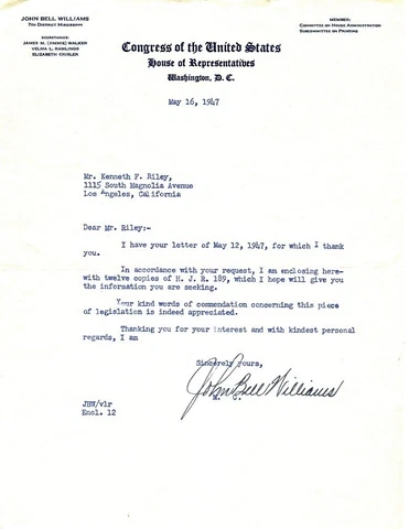 Representative JOHN BELL WILLIAMS Signed Letter - 1947 Cover