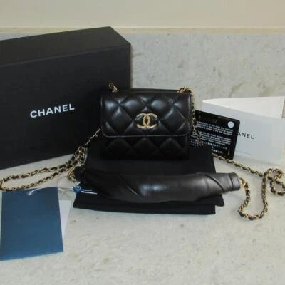 Chanel Black Lambskin GOLD CC Mini Card Holder Wallet on Chain WOC Bag - Image 1 of 4