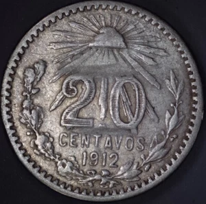 1912 M Mexican 20 Centavos. Low Mintage. Very Scarce. KEY DATE COIN! - Picture 1 of 8