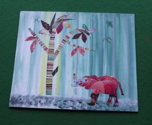 ELEFANTE ROSA Y ÁRBOL-Arte de fantasía-Medios mixtos Pintura acrílica/Collage 12x10" - Imagen 1 de 7