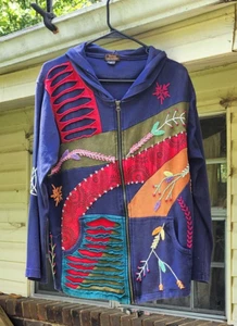 Women's Boho Hoodie Jacket Blue Embroidered & Sewn Pieces Zip Up Size XL Cotton - Picture 1 of 17