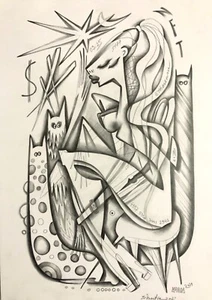 Lady with 2 protector angels , cubist graphic Art - Picture 1 of 10
