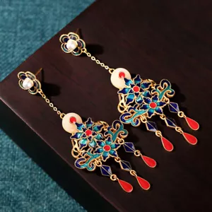 Pendiente de gancho colgante de gota de esmalte étnico chino vintage para mujer - Imagen 1 de 6