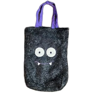 Happy Monster Tote Bag Sparkly Black & Purple - Smiling Monster - Halloween - Picture 1 of 6