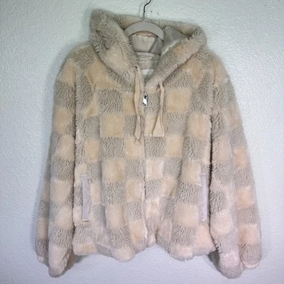Anthropologie Jacket Womens 2X Faux Fur Hoodie Zip Up Checkered Boho Crop Fleece - Image 1 of 4