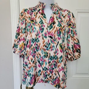 NWT THML Anthropologie Bright Colorful Puff Sleeve High Neck Satin Blouse Size S - Picture 1 of 12
