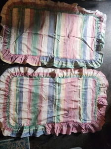 Two Vtg Pillowcases Striped Dusty Pastels Multi-Color Retro Ruffled Edges LG (4) - Picture 1 of 8
