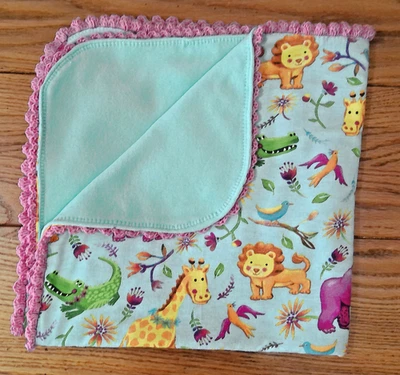 Handmade Flannel & Fleece Baby Blanket W/Bright Jungle Animals & Crocheted Edge - Image 1 of 3