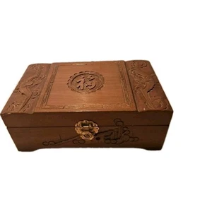 Vtg. Asian style wooden carved music jewelry box flocked lining, 8 1/2"×5"×3 1/4 - Picture 1 of 12