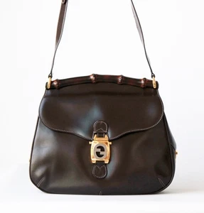 Gucci Schultertasche Vintage dunkelbraun Leder mit Bambusverzierung - Bild 1 von 11
