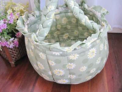 Flower Crochet Lace Braided Handle Green Cotton Quilted Round Storage Basket F - Image 1 of 4